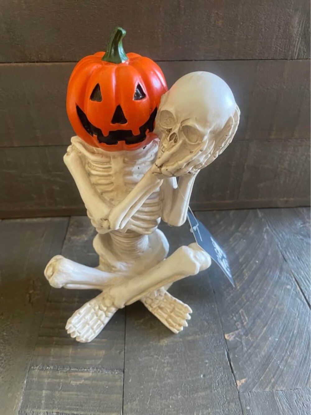 NEW - resin Pumpkin Skeleton holding skull figurine - Halloween